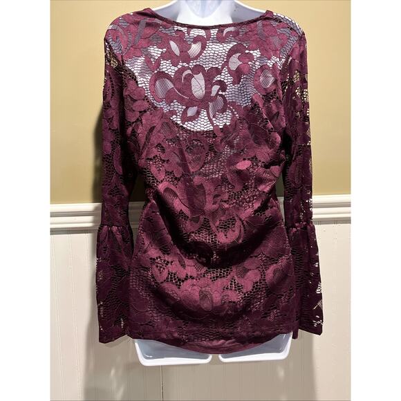 INC Women's Lace Top Sheer Bell Sleeve Purple Burgundy Size M Boho Romantic - Picture 9 of 10